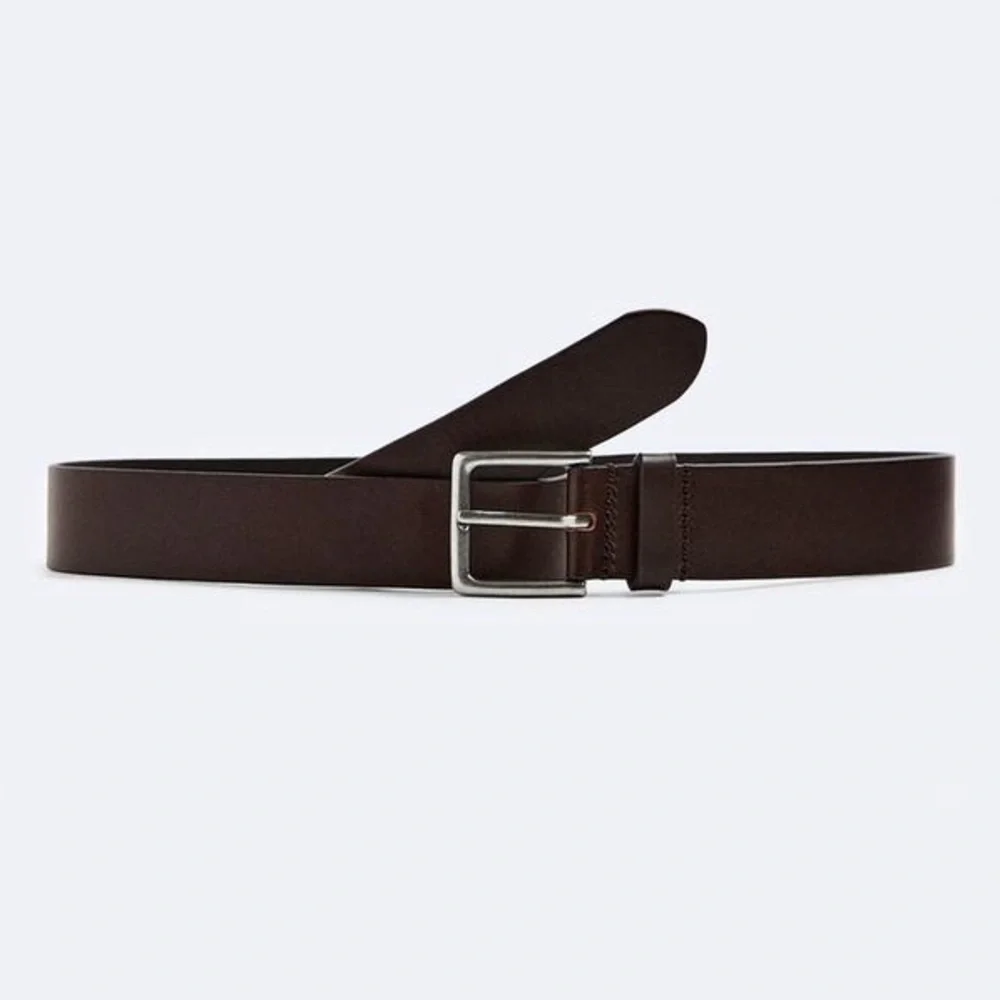 NWT Zara Men’s Basic Leather Belt Brown Silver Buckle Minimalist Preppy Casual